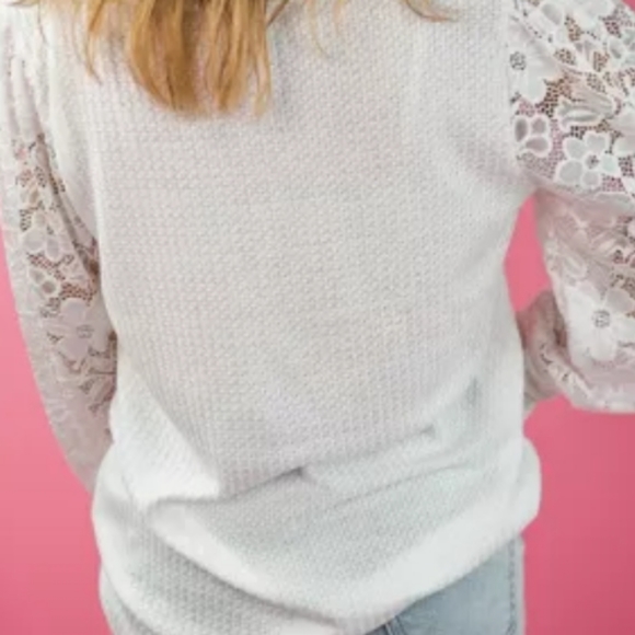 💥New boutique waffle knit lace sleeve top - Picture 6 of 11
